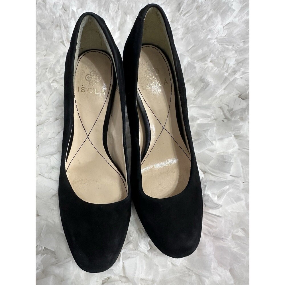 Isola Black Suede Block Heel Pumps Round Toe Slip On Women's Size 6